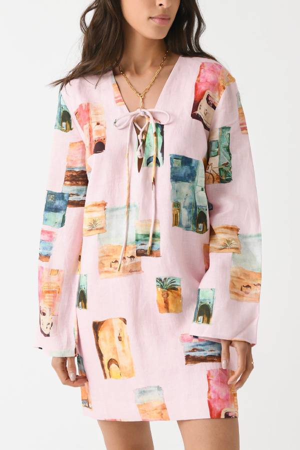 Coastal Cove Linen Blend Unique Print Tie-up Neck Long Sleeve Loose Mini Dress