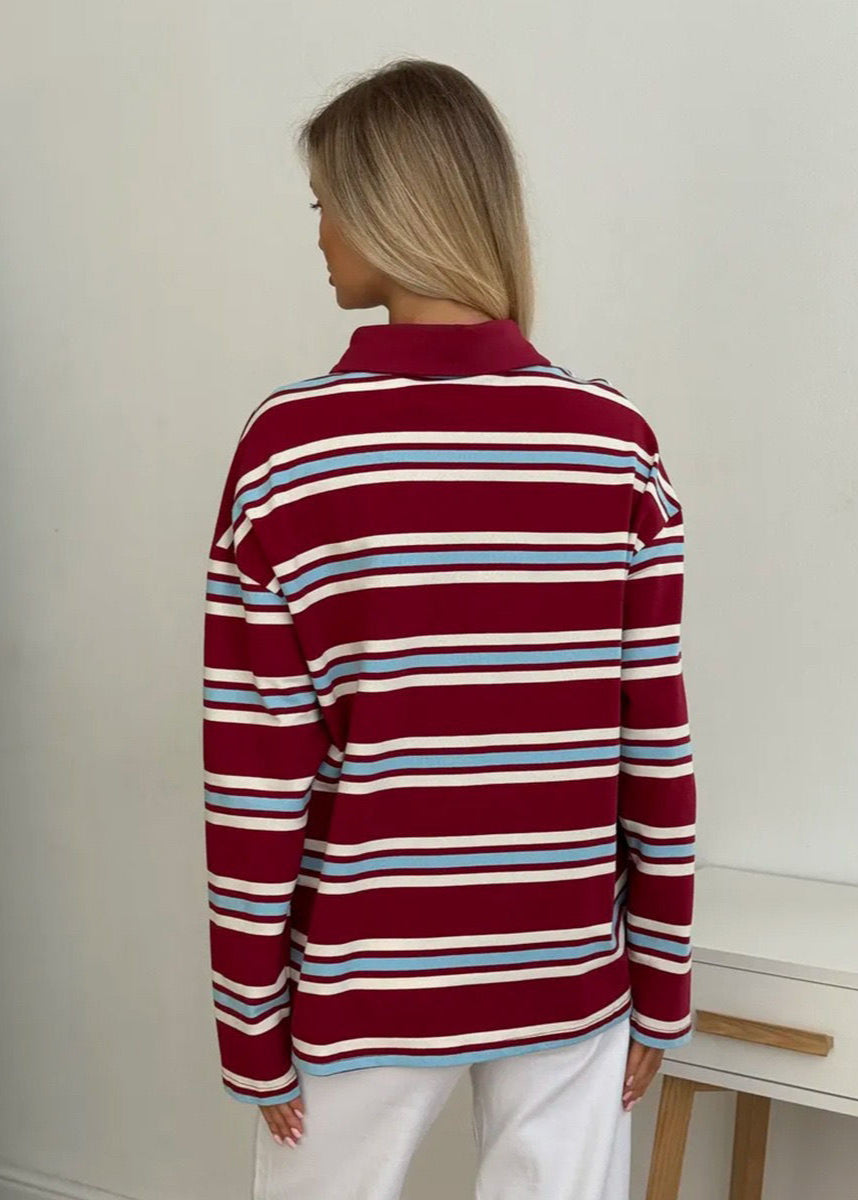 Striped Cotton Polo Long Sleeve Top - Casual Loose Fit