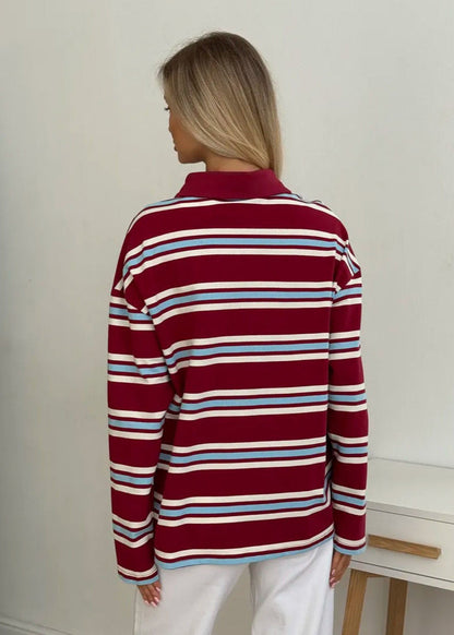 Striped Cotton Polo Long Sleeve Top - Casual Loose Fit