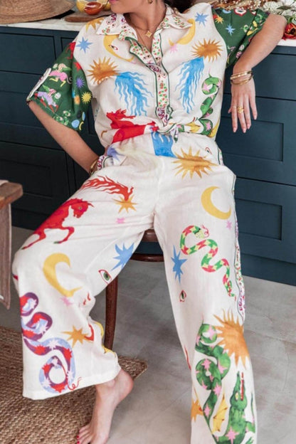 Conjunto de camisa holgada de manga corta y pantalón con cintura elástica con estampado único de belleza bohemia