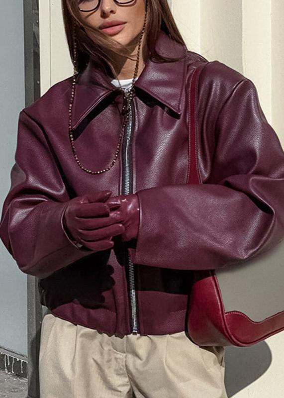 Burgundy Faux Leather Zip-Up Jacket - Effortless Edge