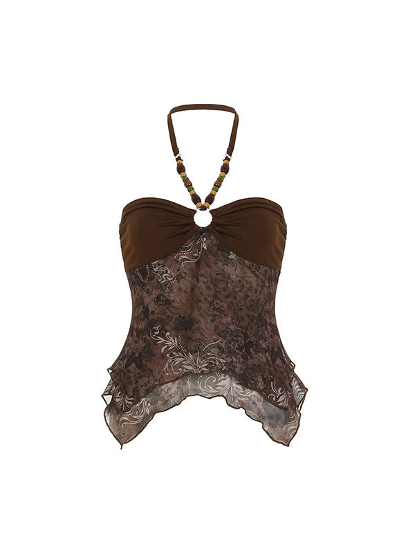 Brown Mori Vintage Ethnic Style Halter Vest