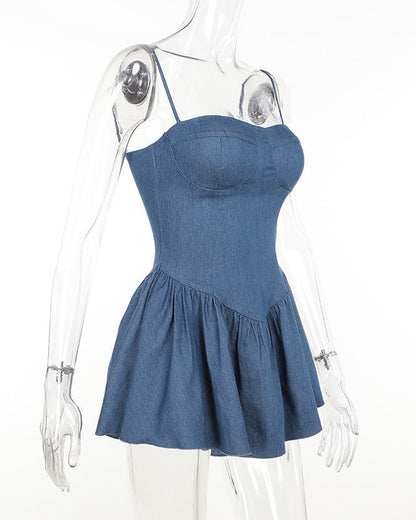 Strappy Tube Top Imitation Denim Dress Short Dress