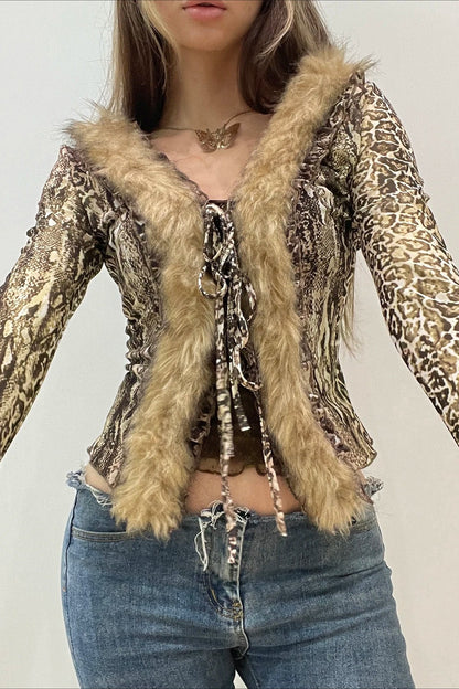 Leopard Fur Trim Mesh V-Neck Blouse