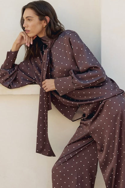 Polka Dot Tie Waist Slim Blouse