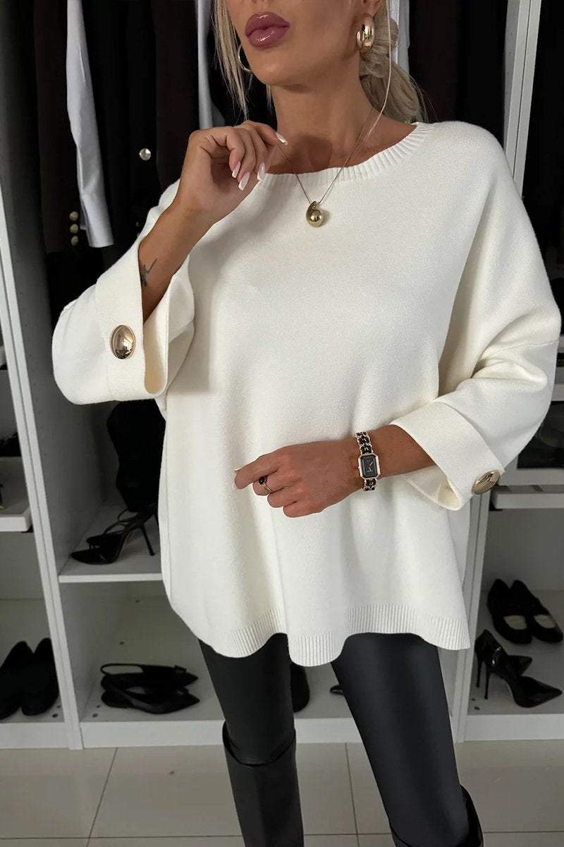 Elegance and Modern Knit Button Detail Half Sleeve Loose Sweater