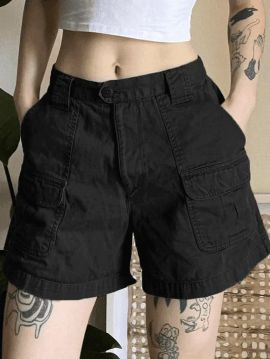Solid Color Vintage Denim Straight Leg Cargo Shorts