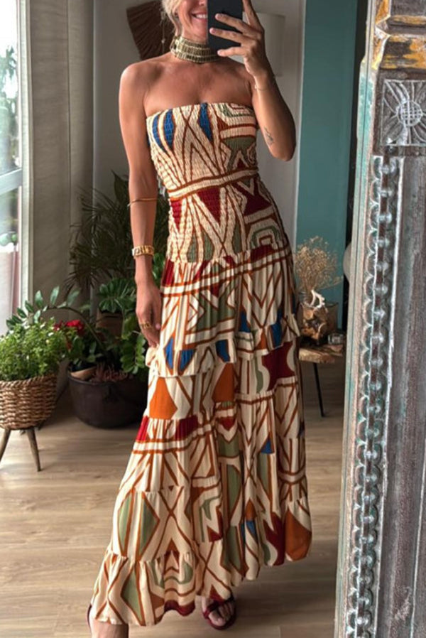 Bohemian Style Unique Print Tube Top Pleated Maxi Dress