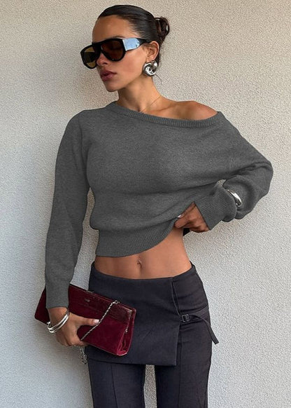 Off-Shoulder Cropped Knit Sweater – Minimalist Elegance