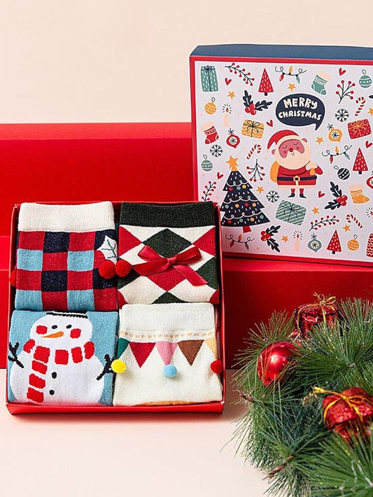 Crew Socks Party Christmas Gift Animal Spandex Cotton Basic Casual Classic Warm Cute 4 Pairs for Women