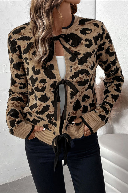 Knitted Leopard Ribbon Tie Cardigan