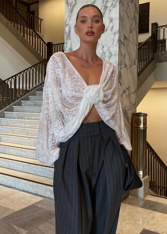 Celestia - Sheer Lace Cropped Blouse with Floral Front Tie