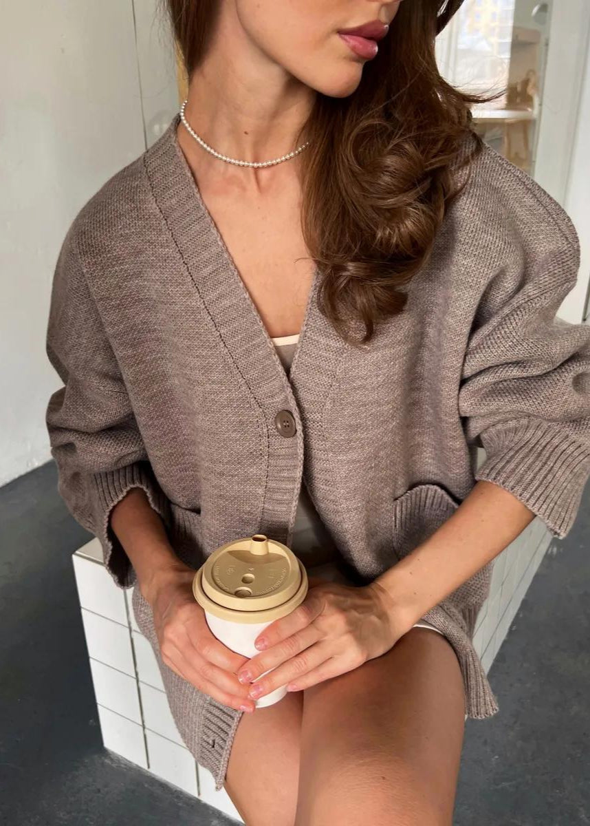 Oversized Knit Button Cardigan - Women’s Long Sleeve V-Neck Sweater