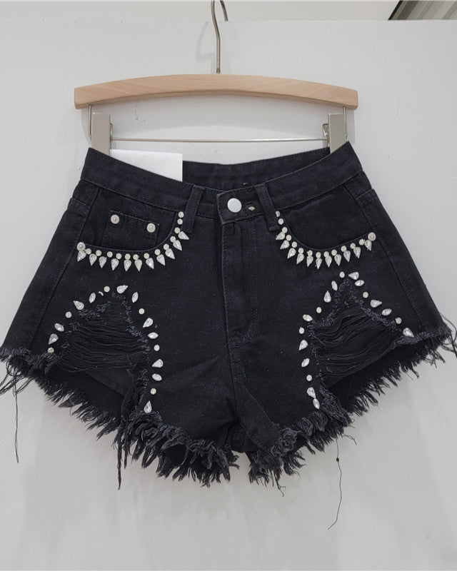 Diamond-Encrusted Frayed Denim Shorts