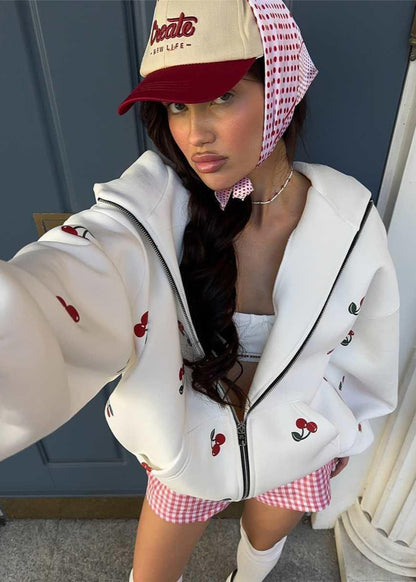 Cherry Mood - Oversized Zip-Up Hoodie with Puff Sleeves