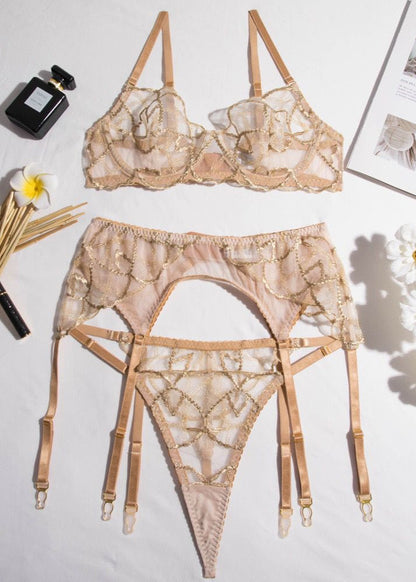 Golden Lace Three-Piece Lingerie Set – Sheer Bra, Garter & Thong