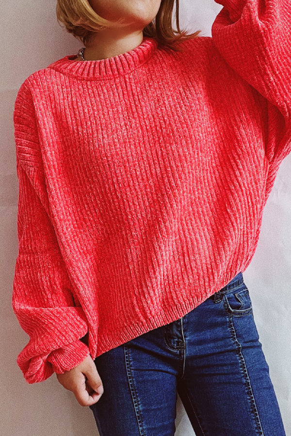 Solid Color Casual Round Neck Lantern Sleeve Short Knitted Sweater