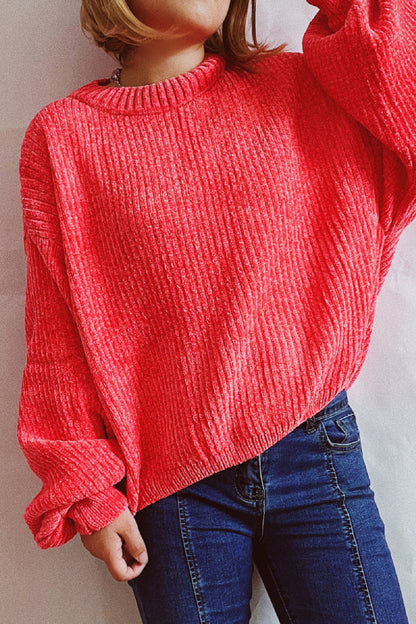 Solid Color Casual Round Neck Lantern Sleeve Short Knitted Sweater