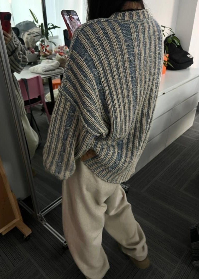 Striped Knit Oversized Sweater - Cozy Long Sleeve Pullover