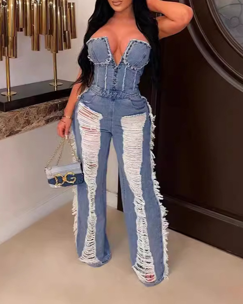 Tassel Hole Stud Denim Jumpsuit