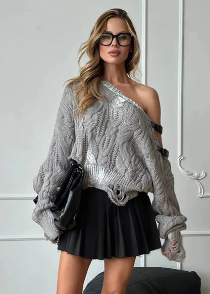 Sloane – Asymmetrical Cable Knit Sweater with Buckle Details