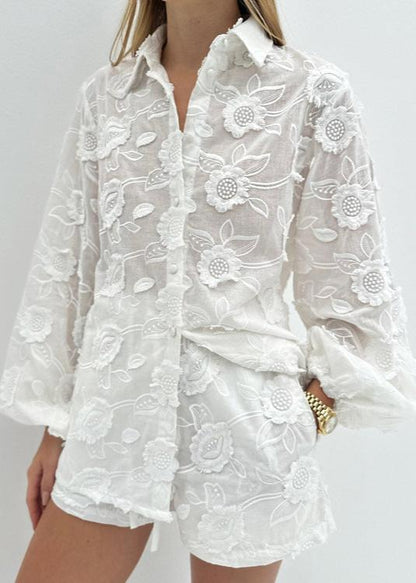Floral Breeze - Sheer EmbroideRed Shirt & High-Waist Shorts Set
