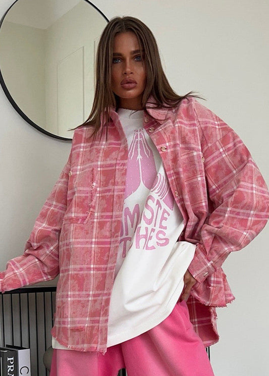 Rowena - Distressed Pink Plaid Oversized Shirt