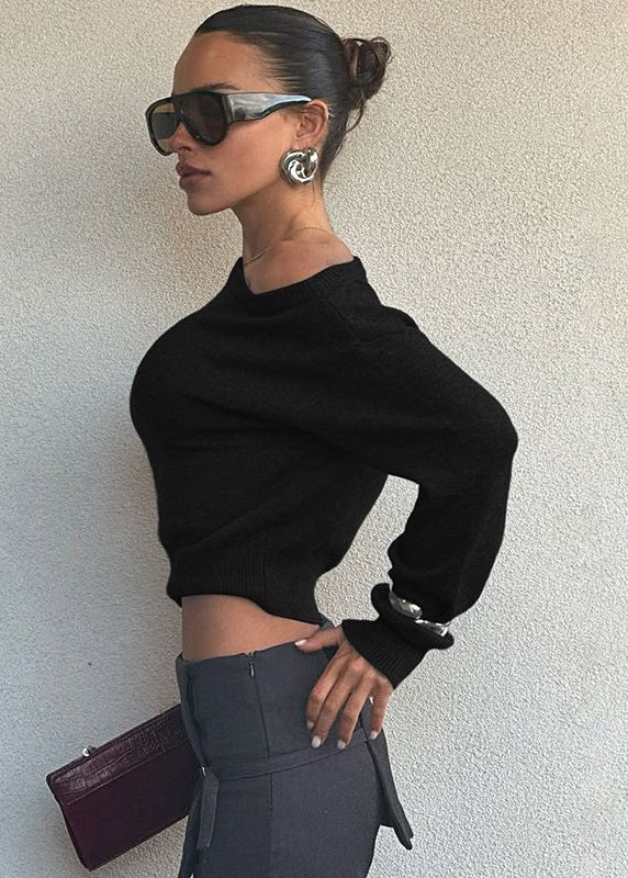 Off-Shoulder Cropped Knit Sweater – Minimalist Elegance