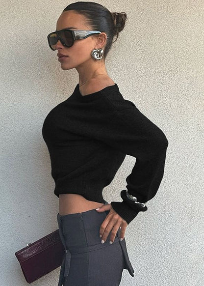 Off-Shoulder Cropped Knit Sweater – Minimalist Elegance