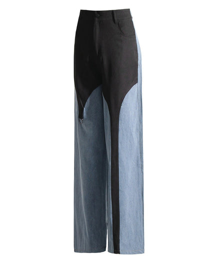 High Waisted Color Block Straight Casual Irregular Jeans