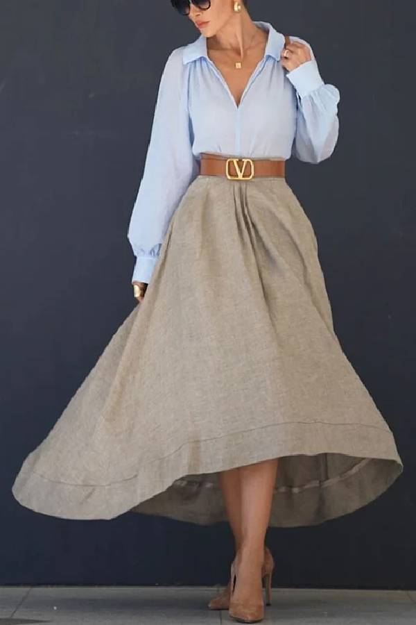 Blusa holgada de mezcla de lino con cuello en V y mangas globo, muy cómoda 