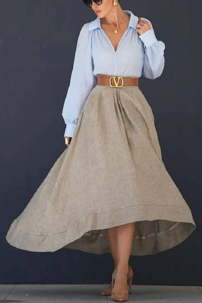 Blusa holgada de mezcla de lino con cuello en V y mangas globo, muy cómoda 