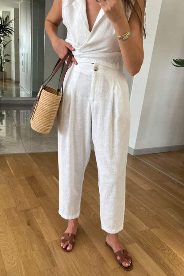 Conjunto informal de dos piezas de chaleco y pantalón de lino y algodón con solapa lisa