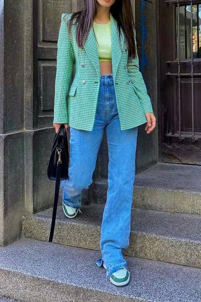 Check Set Double-Breasted Mid-Length Coat