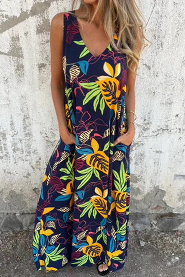 Vestido largo informal holgado con cuello en V y bolsillos y estampado botánico