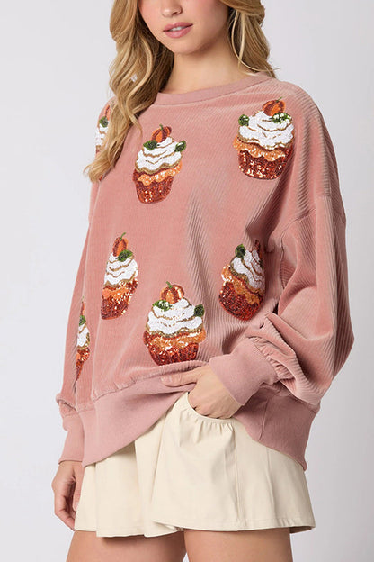 Sudadera holgada de cuello redondo con lentejuelas y diseño de pastel de calabaza navideño