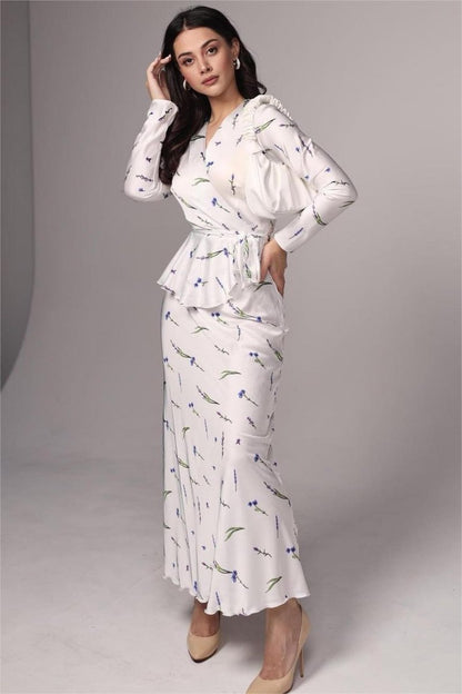 Eileen Floral Wrap Lace-Up Blouse & Maxi Skirt Set