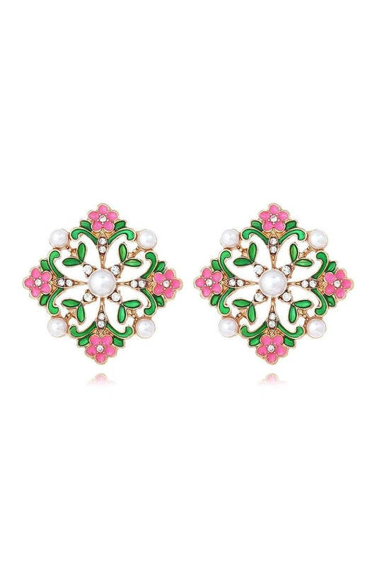 Enamel Flower Cluster Pearl Drop Earrings