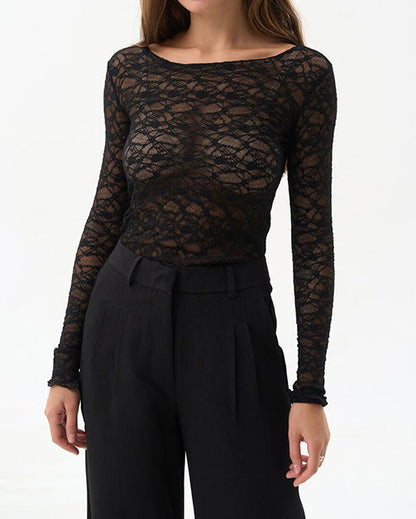 Solid Color Round Neck Lace Long Sleeve Top