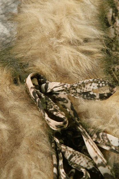 Leopard Fur Trim Mesh V-Neck Blouse