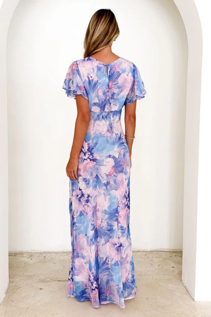 Abstract Print Short Sleeve Belted Wrap Midi Dress