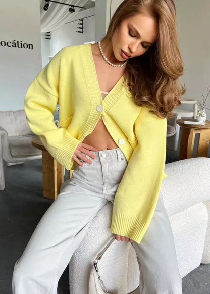 Bright Yellow Oversized Cardigan - Women’s V-Neck Knit Sweater
