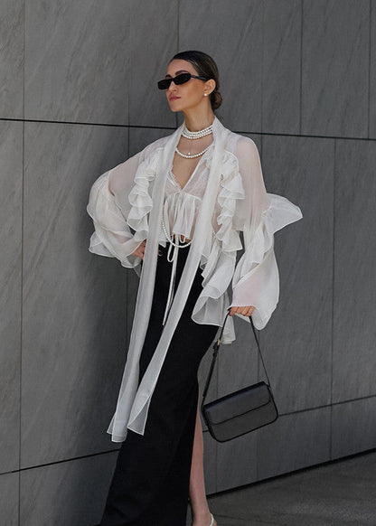 Sierra - Sheer Ruffle Tie-Front Blouse