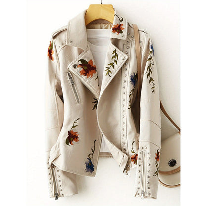 Beige Faux Leather Jacket with Floral Embroidery for Women - Lucrezia