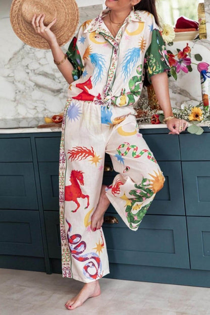 Conjunto de camisa holgada de manga corta y pantalón con cintura elástica con estampado único de belleza bohemia