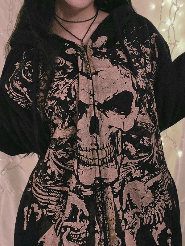 Black Vintage Skull Print Zip Up Oversized Hoodie