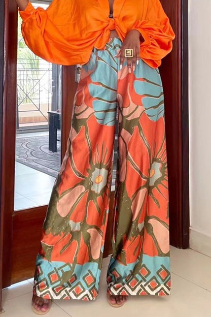 Pantalones anchos informales con estampado floral y personalidad holgada para el hogar