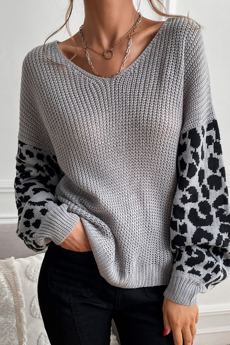 Slouchy Leopard Splice Knit Sweater