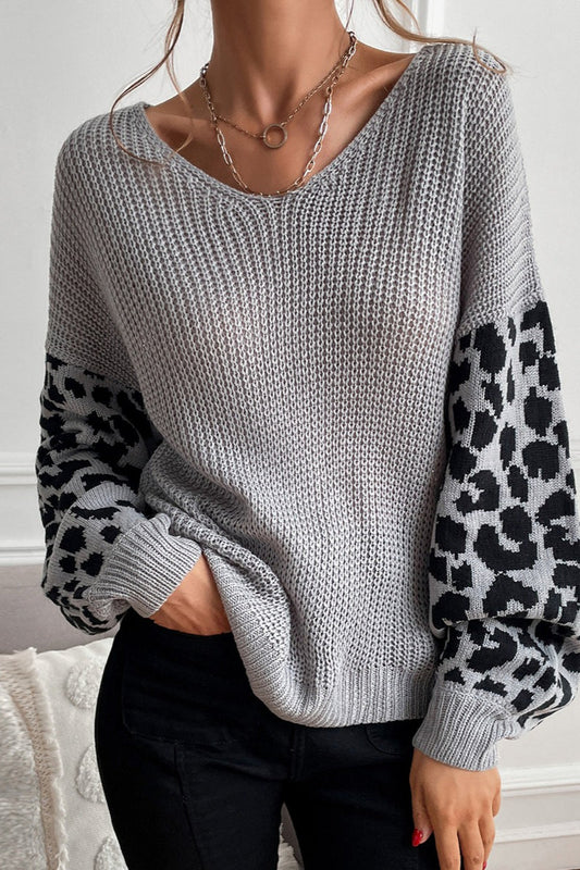 Slouchy Leopard Splice Knit Sweater