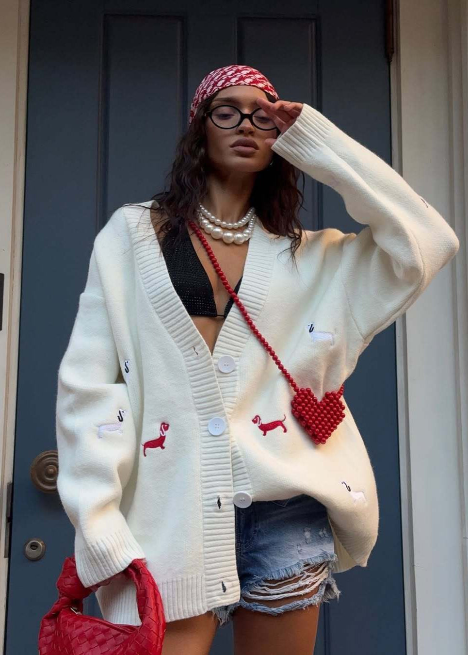 Oversized Dachshund Embroidered Cardigan – Casual Knit Sweater